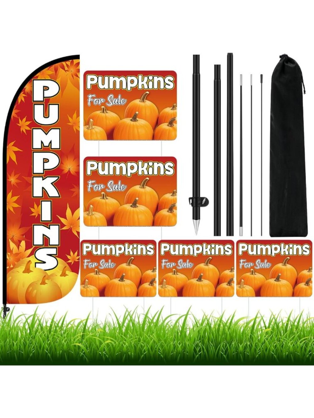 6 Pcs Pumpkin Feather Flag Kit with Yard Signs & Metal Stakes for Fall Decor